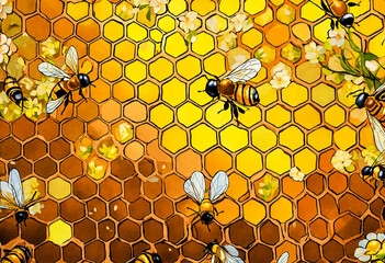 Abstract painted bees on honeycomb background - 814231879