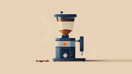 Minimalist illustration of a modern coffee grinder machine with coffee beans, showcasing contemporary kitchen appliance design.