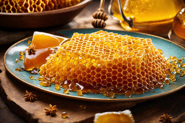 Honeycomb piece with honey on dish. Selective focus. - 814232034
