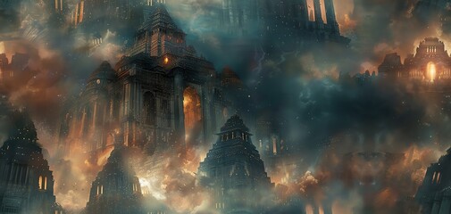Transform a majestic ancient temple into a haunting relic looming over an abandoned cityscape