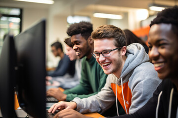 Happy young students engaged in computer lab