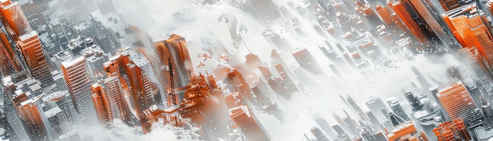 Poster create an aerial view of a cityscape, blending minimalist elements with dystopian vibes, using sharp