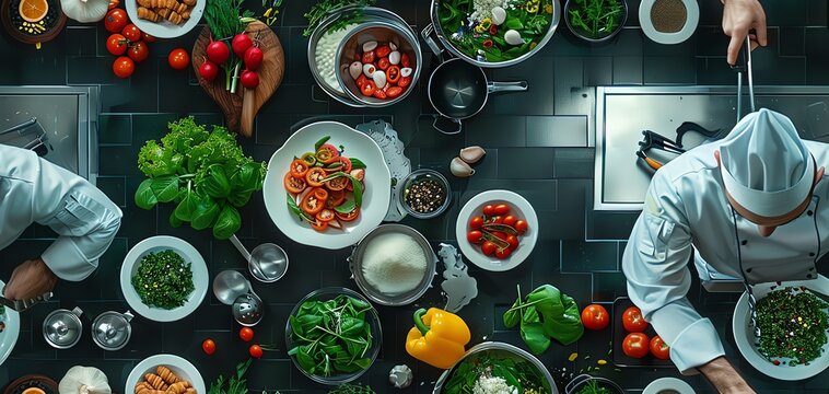 Experience a virtual reality chef in action from above, preparing a gourmet dish in a futuristic kitchen with precision and flair