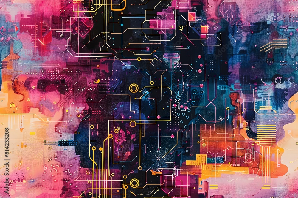 Poster explore the fusion of mind and machine as abstract thought bubbles merge with digital circuit patter