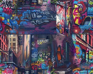 Explore the world of unexpected camera angles in an urban setting, portraying graffiti-covered alleys from a dramatic CG 3D viewpoint