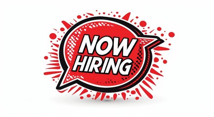 Red and white hanging sign that says "NOW HIRING" .