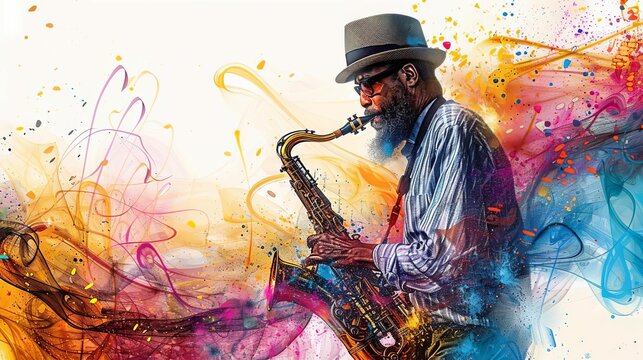 Visualize a jazz saxophonist in midperformance, vibrant notes depicted as colorful swirls around him, set against a banner with copy space