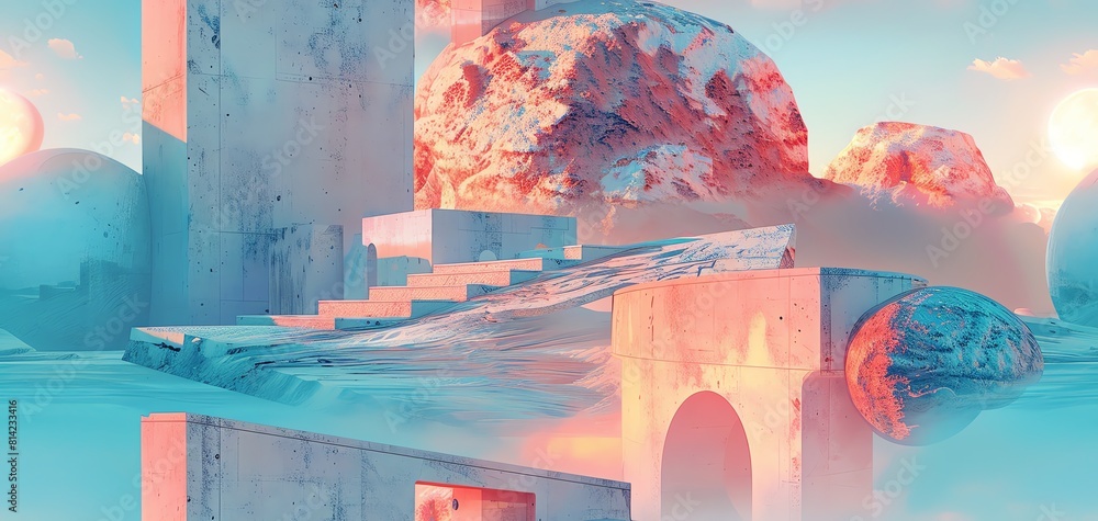Poster illustrate a surreal landscape with minimalistic structures, merging dystopian aesthetics through un