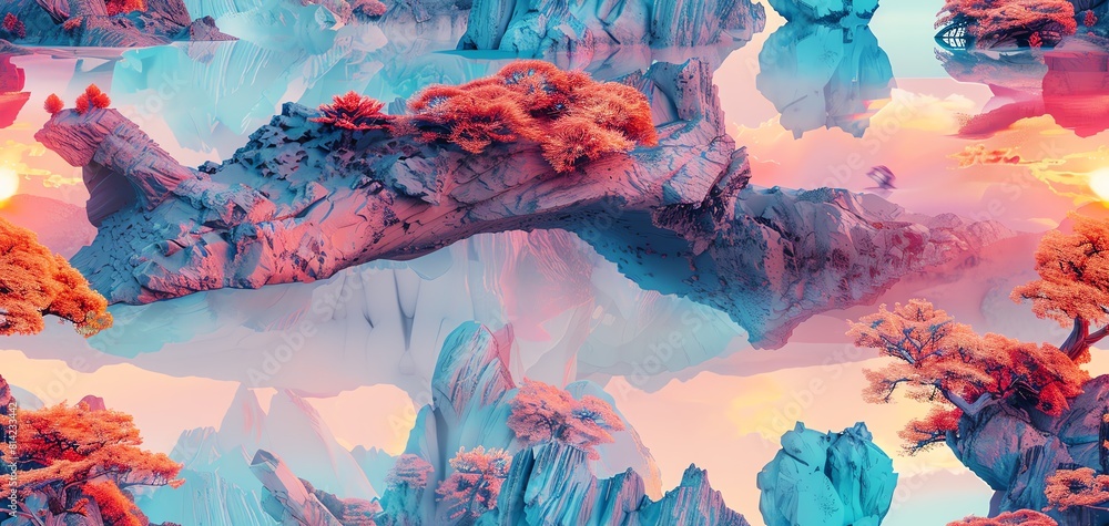 Poster illustrate a surreal landscape with minimalistic structures, merging dystopian aesthetics through un