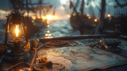 Visualize a navigator plotting a course on an ancient map, surrounded by nautical instruments, aboard a sailing ship at dusk © Nawarit