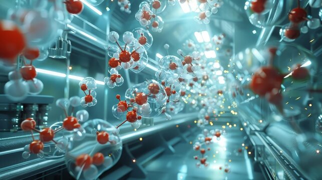 Visualize a nanotechnology lab with scientists using microscopes to manipulate individual atoms on a silicon chip
