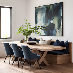 Chic Modern Dining Space Featuring a Long Wooden Table, Colorful Wall Art, Blue Chairs, and a Plush Bench