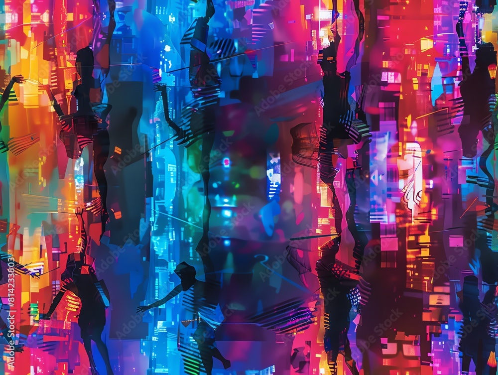 Poster visualize a surreal cyberpunk ballet choreography with performers in augmented reality suits create 