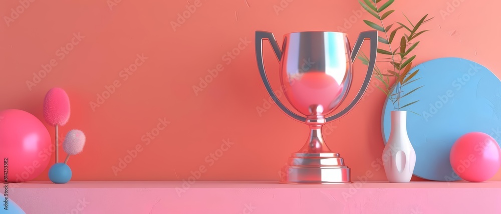 Poster 3d product display background of a championship trophy in solid color, styled in retro styles, kawai