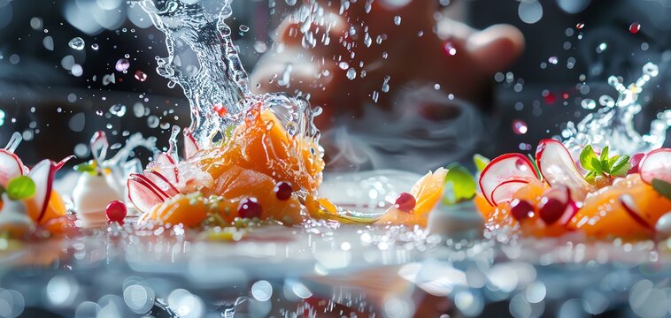 Witness a 3D culinary showstopper up close, capturing the intricate details of a dish while the chefs hands move in a ballet of flavor and creativity