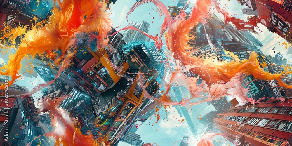 Poster capture a low-angle view of futuristic technologies merging seamlessly with vibrant street art