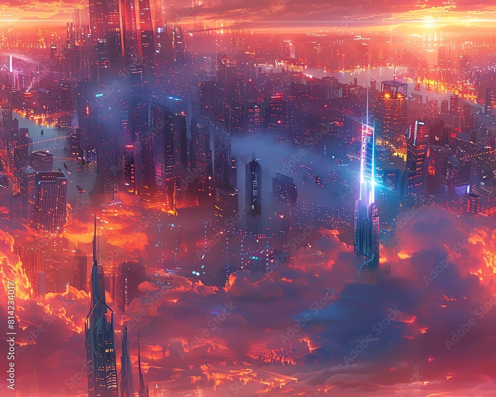Poster capture a jaw-dropping panoramic view of a futuristic cityscape bustling with advanced technologies