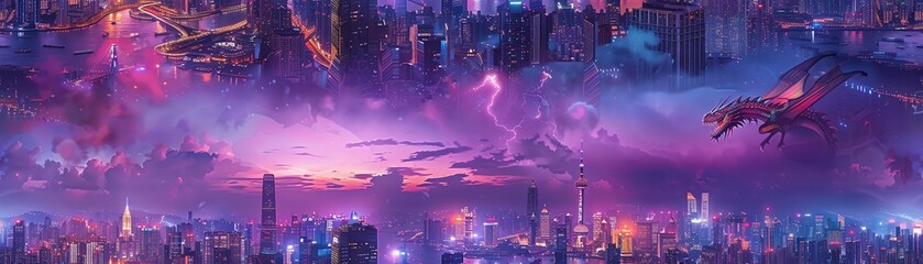 Obraz premium Capture a majestic dragon perched atop a skyscraper at dusk, with vibrant city lights below and a dramatic skyline backdrop using HDR and light painting techniques