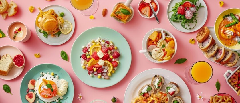 A busy actionshot of brunch items scattering flavors across a plain color studio background, styled with a nice shot sharpen for banner