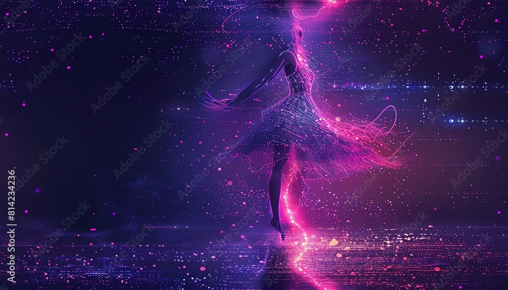 Poster capture the elegance of a ballet dancer utilizing holographic interfaces with neon lights in a dark
