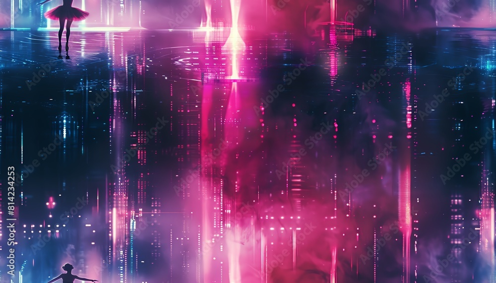 Aufkleber capture the elegance of a ballet dancer utilizing holographic interfaces with neon lights in a dark