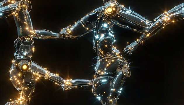 Capture the elegance of a robotic ballet from an aerial perspective Show sleek metallic limbs intertwined in a graceful pas de deux, with LED lights shimmering like stardust