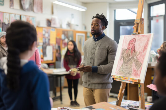 Young black student presenting artwork with a canvas in art class in a studio filled with attentive students