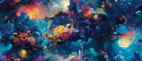 Craft a breathtaking aerial view of futuristic robotic beings exploring a dreamlike underwater realm