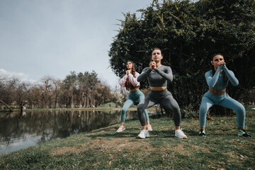 Three women in athletic wear exercising together, doing squats in a scenic park with water reflections.