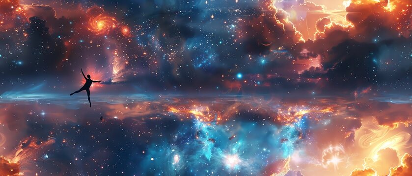 Craft a breathtaking scene of ballet dancers leaping and pirouetting in a cosmic expanse