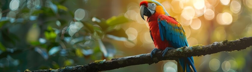 A colorful parrot icon perched on a blurred tropical forest branch, highlighted by Glow HUD, celebrates biodiversity and beauty