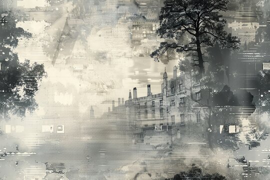 Craft a visually striking black and white image that weaves the essence of classic literature and nanotechnology Engage viewers with a tactile sense through detailed textures and a