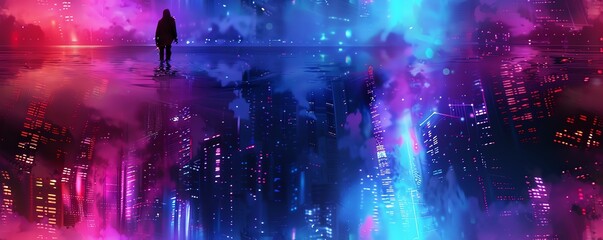 Illustrate a cyberpunk world with neon-lit skyscrapers