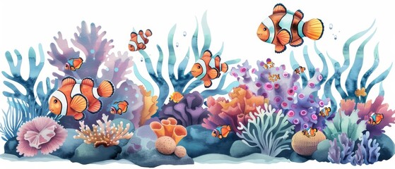 A cute watercolor of a whimsical underwater scene with clownfish and coral, representing mutualism in ocean habitats, clipart isolated on white