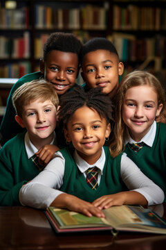Group of happy kids in private school uniform with books smiling together in a library setting, showcasing friendship and diversity