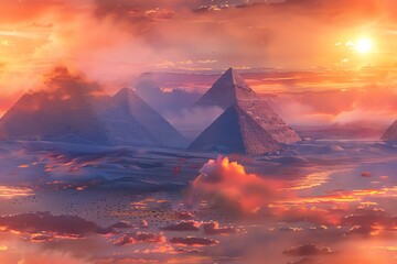 Capture a majestic low-angle view of a towering ancient pyramid amidst a desert sunset using vibrant hues and exaggerated perspective in a digital CG 3D style