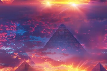 Capture a majestic low-angle view of a towering ancient pyramid amidst a desert sunset using vibrant hues and exaggerated perspective in a digital CG 3D style