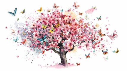 A kawaii watercolor of a delicate cherry blossom tree hosting a vibrant community of pollinators like bees and butterflies, emphasizing biodiversity, isolated on white