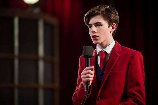 Confident young student in a suit speaking at a podium participating in a debate competition