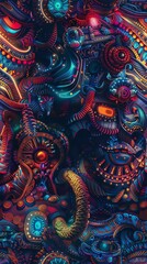 Immerse in an ancient Mayan mythical creature adorned in intricate futuristic armor and surrounded by pulsating neon lights, encapsulating surrealism in photorealistic digital art