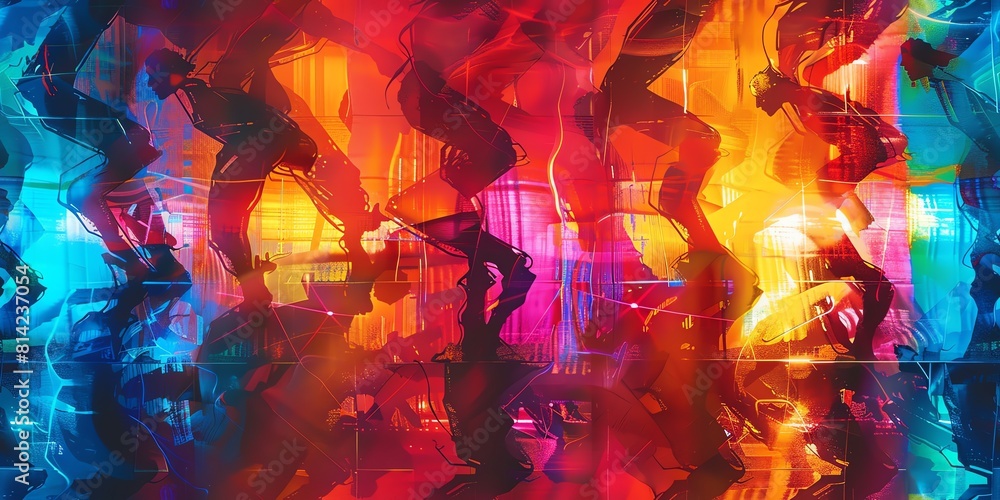Poster capture a dynamic fusion of wide-angle views featuring dancers embodying futuristic technologies in 