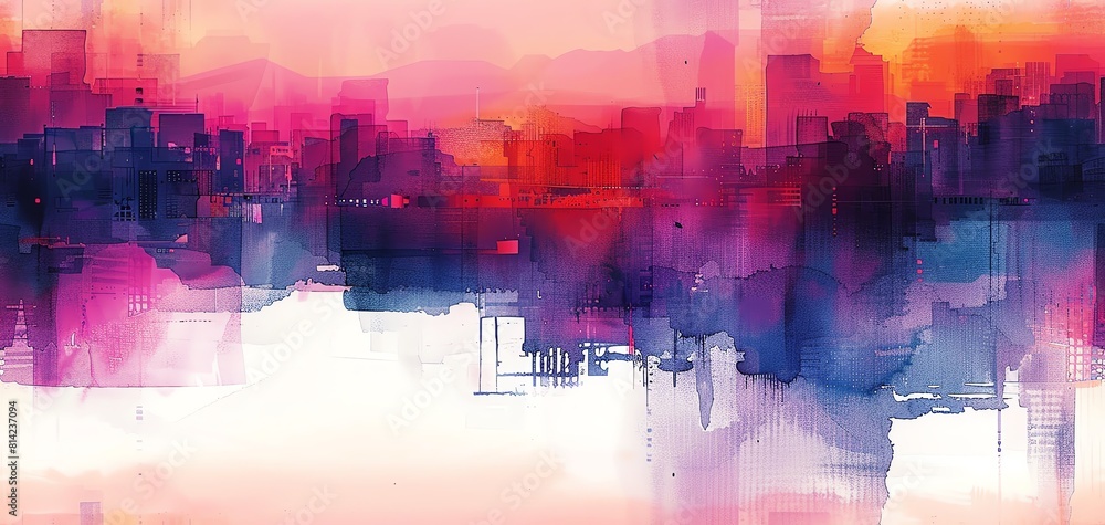 Poster capture a dystopian cityscape in abstract watercolors from an eye-level angle include unexpected cam