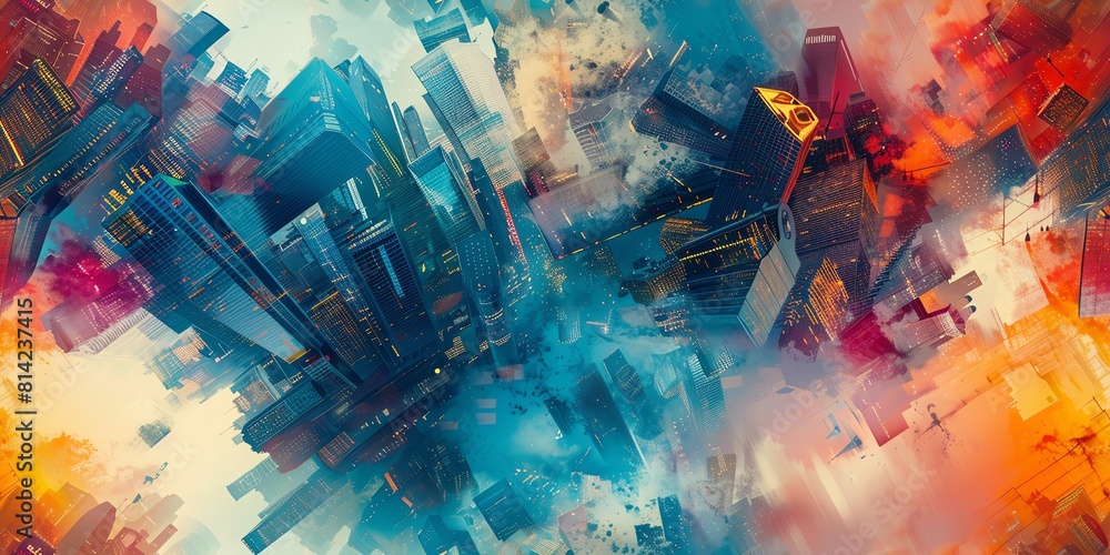 Poster capture the essence of a bustling cityscape through a dynamic aerial view create an abstract masterp