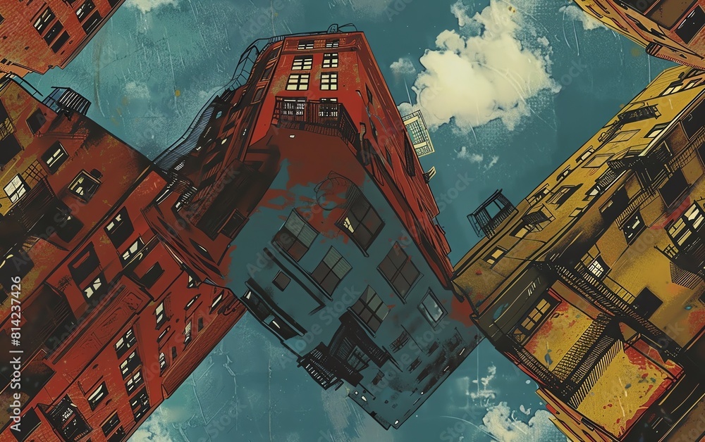 Poster capture the essence of a gritty urban landscape with a low-angle view utilize minimalist designs to 