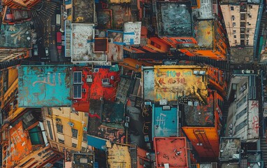 Capture the essence of a crumbling metropolis through the lens of unexpected camera angles, revealing a fusion of gritty street art and aerial views in vivid detail