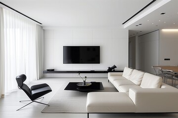 Fototapeta premium Sleek modern living room with a minimalist white sectional sofa, black accents, large flat-screen TV, and natural light, creating a stylish and functional space with a monochromatic design