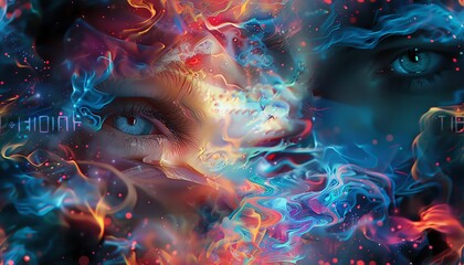 Fototapeta premium Craft a digital artwork portraying a frontal perspective of a cybernetic being intertwined with subconscious symbols representing psychological states such as anxiety and serenity