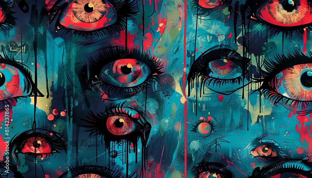 Poster create a design showcasing an eye-level view of futuristic technologies blending with horror element