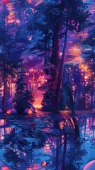 Craft an otherworldly scene with holographic tents nestled among towering neon trees