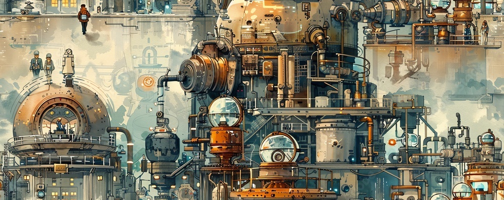 Poster Design an intricate watercolor painting unveiling a steampunk-inspired laboratory where a time-traveling scientist meets their past self Use skewed perspectives to immerse viewers  - Posters